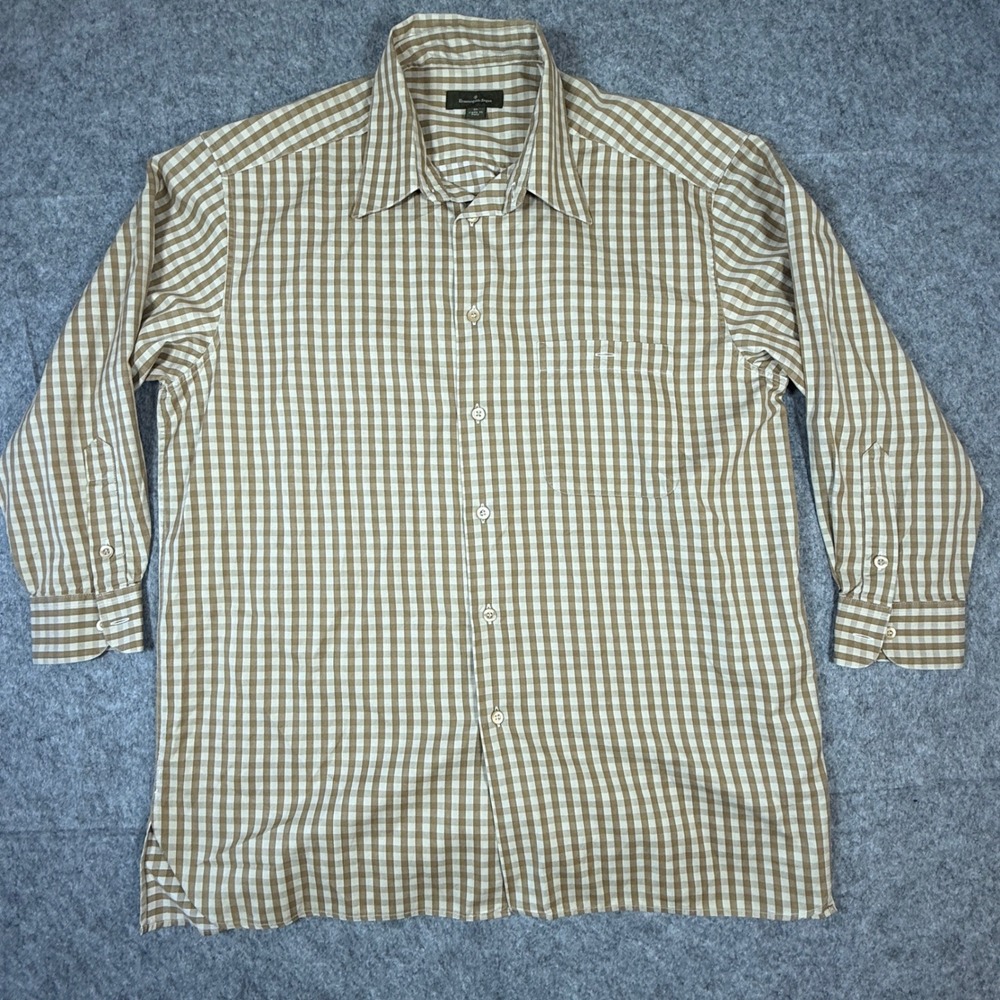 Ermenegildo Zegna Button Down Mens XL Tan Gingham Italian Long Sleeve Shirt